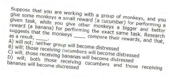 Suppose that you are working with a group of monkeys, and you give some monkeys a small reward (a cucumber) for performing a given task, while you give other monkeys a bigger and better reward (a banana) for performing the exact same task. Research suggests that the monkeys ____ compare their rewards, and that, as a result, ____.
A) will not; neither group will become distressed
B) will; those receiving cucumbers will become distressed
C) will; those receiving bananas will become distressed
D) will; both those receiving cucumbers and those receiving bananas will become distressed
