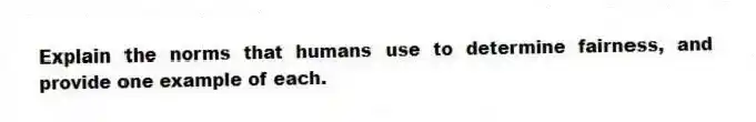 Explain the norms that humans use to determine fairness, and provide one example of each.