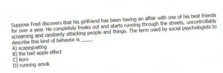Suppose Fred discovers that his girlfriend has been having an affair with one of his best friends for over a year. He completely freaks out and starts running through the streets, uncontrollably screaming and randomly attacking people and things. The term used by social psychologists to describe this kind of behavior is ____.
A) scapegoating
B) the bad apple effect
C) koro
D) running amok