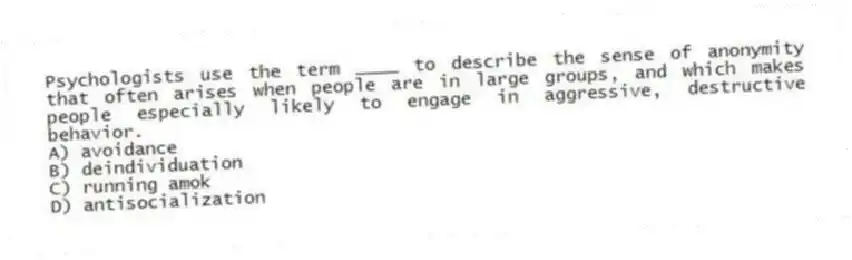 Psychologists use the term ____ to describe the sense of anonymity that often arises when people are in large groups, and which makes people especially likely to engage in aggressive, destructive behavior.
A) avoidance
B) deindividuation
C) running amok
D) antisocialization