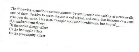 The following scenario is not uncommon: Several people are waiting at a crosswalk, one of them decides to cross despite a red signal, and-once that happens-everyone else does the same. This is an example not just of conformity, but also of ____.
A) reinforcement theory
B) the social allergy effect
C) the bad apple effect
D) the propinquity effect