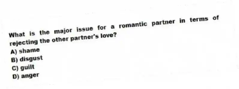 What is the major issue for a romantic partner in terms of rejecting the other partner's love?
A) shame
B) disgust
C) guilt
D) anger