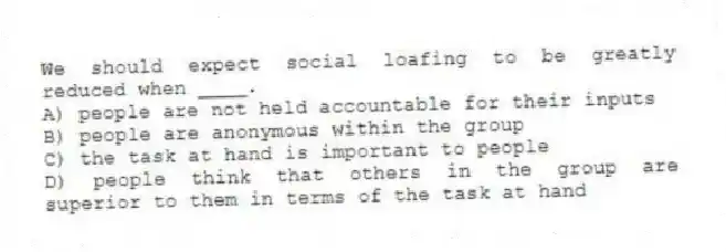 We should expect social loafing to be greatly reduced when ____.
A) people are not held accountable for their inputs
B) people are anonymous within the group
C) the task at hand is important to people
D) people think that others in the group are superior to them in terms of the task at hand