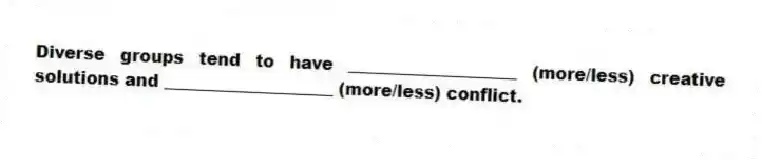 Diverse groups tend to have ____________________ (more/less) creative solutions and ____________________ (more/less) conflict.