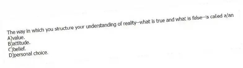 The way in which you structure your understanding of reality--what is true and what is false--is called a/an
A)value.
B)attitude.
C)belief.
D)personal choice.
