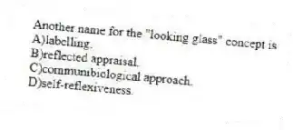 Another name for the "looking glass" concept is
A)labelling.
B)reflected appraisal.
C)communibiological approach.
D)self-reflexiveness.