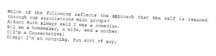 Which of the following reflects the approach that the self is learned through our associations with groups?
A)Aunt Ruth always said I was a comedian.
B)I am a homemaker, a wife, and a mother.
C)I'm a Conservative!
D)Hey! I'm an outgoing, fun sort of guy.