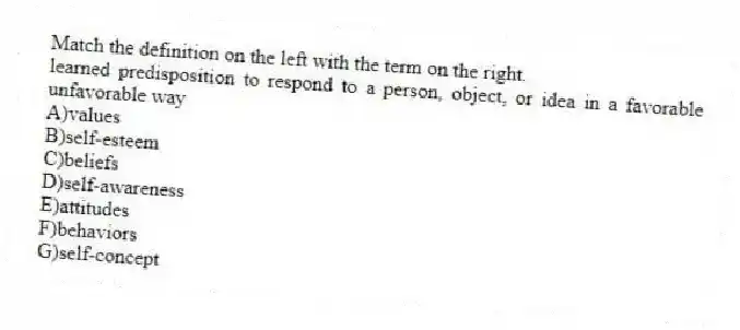 Match the definition on the left with the term on the right.
-learned predisposition to respond to a person, object, or idea in a favorable unfavorable way
A)values
B)self-esteem
C)beliefs
D)self-awareness
E)attitudes
F)behaviors
G)self-concept