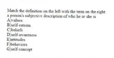 Match the definition on the left with the term on the right.
-a person's subjective description of who he or she is
A)values
B)self-esteem
C)beliefs
D)self-awareness
E)attitudes
F)behaviors
G)self-concept