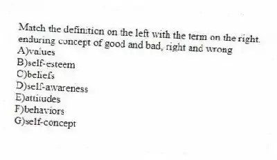 Match the definition on the left with the term on the right.
-enduring concept of good and bad, right and wrong
A)values
B)self-esteem
C)beliefs
D)self-awareness
E)attitudes
F)behaviors
G)self-concept