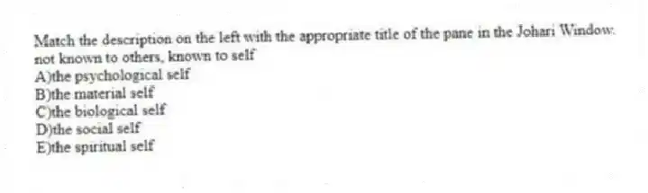 Match the description on the left with the appropriate title of the pane in the Johari Window.
-not known to others, known to self
A)the psychological self
B)the material self
C)the biological self
D)the social self
E)the spiritual self