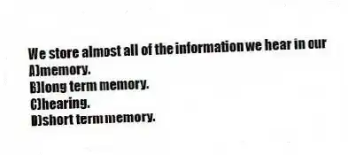 We store almost all of the information we hear in our
A)memory.
B)long term memory.
C)hearing.
D)short term memory.