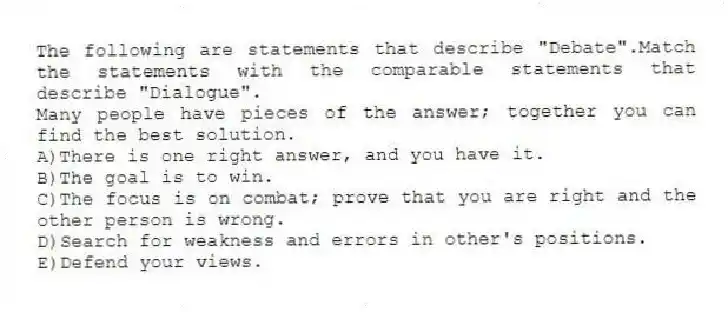 The following are statements that describe "Debate".Match the statements with the comparable statements that describe "Dialogue".
-Many people have pieces of the answer; together you can find the best solution.
A)There is one right answer, and you have it.
B)The goal is to win.
C)The focus is on combat; prove that you are right and the other person is wrong.
D)Search for weakness and errors in other's positions.
E)Defend your views.