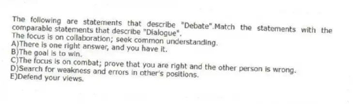 The following are statements that describe "Debate".Match the statements with the comparable statements that describe "Dialogue".
-The focus is on collaboration; seek common understanding.
A)There is one right answer, and you have it.
B)The goal is to win.
C)The focus is on combat; prove that you are right and the other person is wrong.
D)Search for weakness and errors in other's positions.
E)Defend your views.