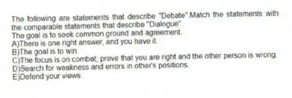 The following are statements that describe "Debate".Match the statements with the comparable statements that describe "Dialogue".
-The goal is to seek common ground and agreement.
A)There is one right answer, and you have it.
B)The goal is to win.
C)The focus is on combat; prove that you are right and the other person is wrong.
D)Search for weakness and errors in other's positions.
E)Defend your views.