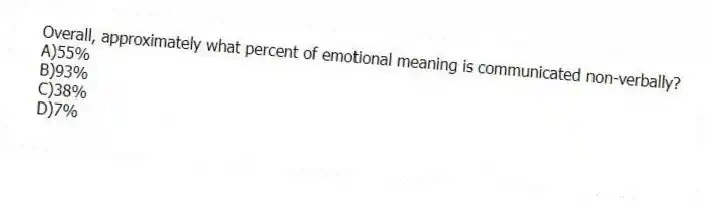 Overall, approximately what percent of emotional meaning is communicated non-verbally?
A)55%
B)93%
C)38%
D)7%
