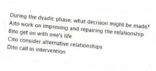 During the dyadic phase, what decision might be made?
A)to work on improving and repairing the relationship
B)to get on with one's life
C)to consider alternative relationships
D)to call in intervention