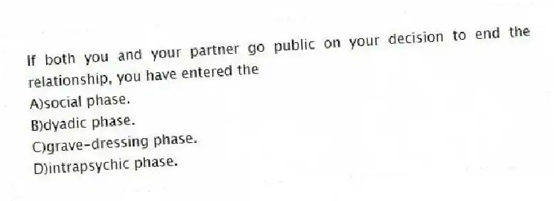 If both you and your partner go public on your decision to end the relationship, you have entered the
A)social phase.
B)dyadic phase.
C)grave-dressing phase.
D)intrapsychic phase.