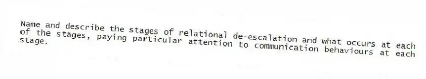 Name and describe the stages of relational de-escalation and what occurs at each of the stages, paying particular attention to communication behaviours at each stage.