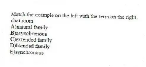 Match the example on the left with the term on the right.
-chat room
A)natural family
B)asynchronous
C)extended family
D)blended family
E)synchronous