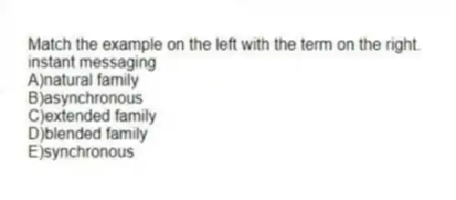 Match the example on the left with the term on the right.
-instant messaging
A)natural family
B)asynchronous
C)extended family
D)blended family
E)synchronous