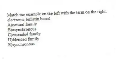 Match the example on the left with the term on the right.
-electronic bulletin board
A)natural family
B)asynchronous
C)extended family
D)blended family
E)synchronous