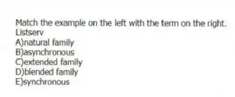 Match the example on the left with the term on the right.
-Listserv
A)natural family
B)asynchronous
C)extended family
D)blended family
E)synchronous