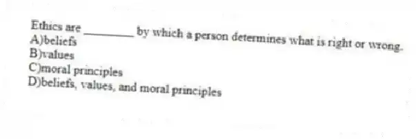 Ethics are ________ by which a person determines what is right or wrong.
A)beliefs
B)values
C)moral principles
D)beliefs, values, and moral principles