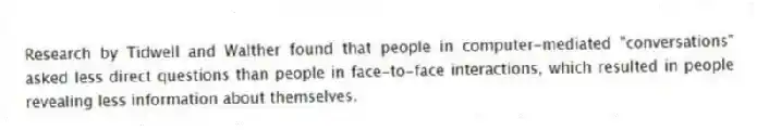 Research by Tidwell and Walther found that people in computer-mediated "conversations" asked less direct questions than people in face-to-face interactions, which resulted in people revealing less information about themselves.