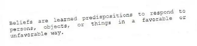 Beliefs are learned predispositions to respond to persons, objects, or things in a favorable or unfavorable way.