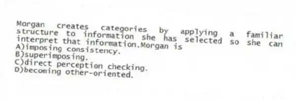 Morgan creates categories by applying a familiar structure to information she has selected so she can interpret that information.Morgan is
A)imposing consistency.
B)superimposing.
C)direct perception checking.
D)becoming other-oriented.