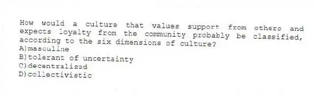 How would a culture that values support from others and expects loyalty from the community probably be classified, according to the six dimensions of culture?
A)masculine
B)tolerant of uncertainty
C)decentralized
D)collectivistic