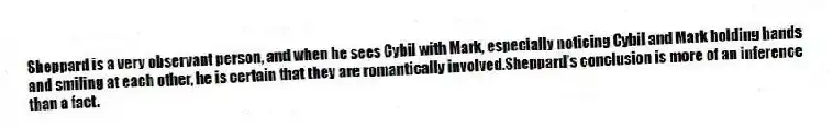 Sheppard is a very observant person, and when he sees Cybil with Mark, especially noticing Cybil and Mark holding hands and smiling at each other, he is certain that they are romantically involved.Sheppard's conclusion is more of an inference than a fact.