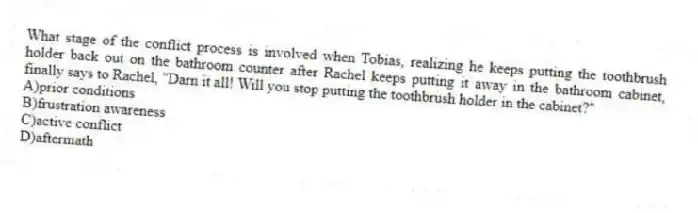 What stage of the conflict process is involved when Tobias, realizing he keeps putting the toothbrush holder back out on the bathroom counter after Rachel keeps putting it away in the bathroom cabinet, finally says to Rachel, "Darn it all! Will you stop putting the toothbrush holder in the cabinet?"
A)prior conditions
B)frustration awareness
C)active conflict
D)aftermath