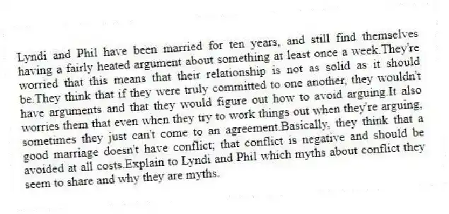 Lyndi and Phil have been married for ten years, and still find themselves having a fairly heated argument about something at least once a week.They're worried that this means that their relationship is not as solid as it should be.They think that if they were truly committed to one another, they wouldn't have arguments and that they would figure out how to avoid arguing.It also worries them that even when they try to work things out when they're arguing, sometimes they just can't come to an agreement.Basically, they think that a good marriage doesn't have conflict; that conflict is negative and should be avoided at all costs.Explain to Lyndi and Phil which myths about conflict they seem to share and why they are myths.