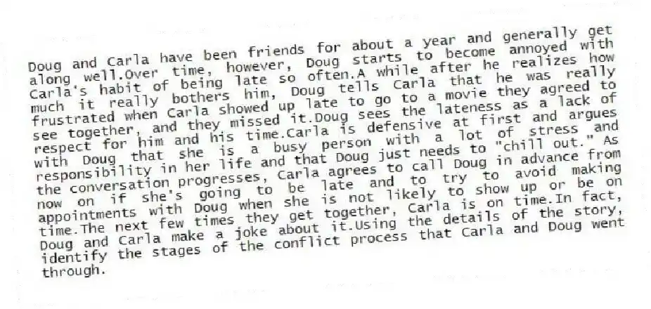 Doug and Carla have been friends for about a year and generally get along well.Over time, however, Doug starts to become annoyed with Carla's habit of being late so often.A while after he realizes how much it really bothers him, Doug tells Carla that he was really frustrated when Carla showed up late to go to a movie they agreed to see together, and they missed it.Doug sees the lateness as a lack of respect for him and his time.Carla is defensive at first and argues with Doug that she is a busy person with a lot of stress and responsibility in her life and that Doug just needs to "chill out." As the conversation progresses, Carla agrees to call Doug in advance from now on if she's going to be late and to try to avoid making appointments with Doug when she is not likely to show up or be on time.The next few times they get together, Carla is on time.In fact, Doug and Carla make a joke about it.Using the details of the story, identify the stages of the conflict process that Carla and Doug went through.