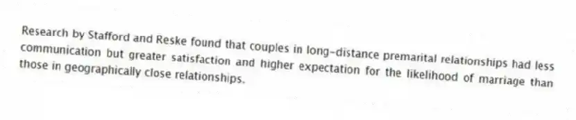 Research by Stafford and Reske found that couples in long-distance premarital relationships had less communication but greater satisfaction and higher expectation for the likelihood of marriage than those in geographically close relationships.