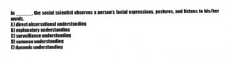 In ______, the social scientist observes a person's facial expressions, gestures, and listens to his/her words.
A) direct observational understanding
B) explanatory understanding
C) surveillance understanding
D) common understanding
E) dynamic understanding