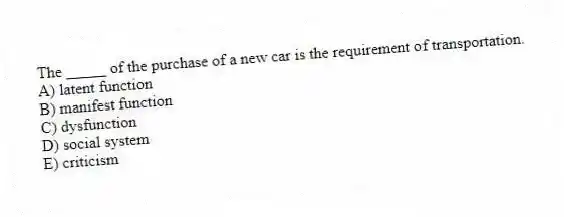 The _____ of the purchase of a new car is the requirement of transportation.
A) latent function
B) manifest function
C) dysfunction
D) social system
E) criticism