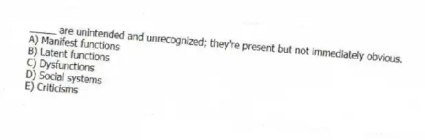 _____ are unintended and unrecognized; they're present but not immediately obvious.
A) Manifest functions
B) Latent functions
C) Dysfunctions
D) Social systems
E) Criticisms