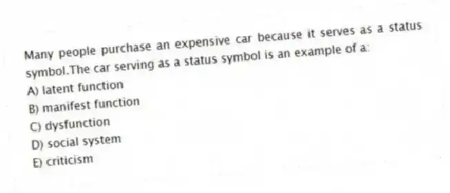 Many people purchase an expensive car because it serves as a status symbol.The car serving as a status symbol is an example of a:
A) latent function
B) manifest function
C) dysfunction
D) social system
E) criticism