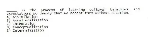 _____ is the process of learning cultural behaviors and expectations so deeply that we accept them without question.
A) Assimilation
B) Acculturalization
C) Integration
D) Conceptualization
E) Internalization