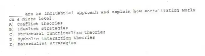 _____ are an influential approach and explain how socialization works on a micro level.
A) Conflict theories
B) Idealist strategies
C) Structural functionalism theories
D) Symbolic interaction theories
E) Materialist strategies