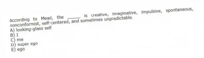 According to Mead, the _____ is creative, imaginative, impulsive, spontaneous, nonconformist, self-centered, and sometimes unpredictable.
A) looking-glass self
B) I
C) me
D) super ego
E) ego