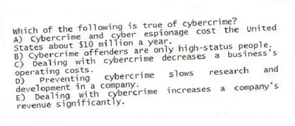 Which of the following is true of cybercrime?
A) Cybercrime and cyber espionage cost the United States about $10 million a year.
B) Cybercrime offenders are only high-status people.
C) Dealing with cybercrime decreases a business's operating costs.
D) Preventing cybercrime slows research and development in a company.
E) Dealing with cybercrime increases a company's revenue significantly.