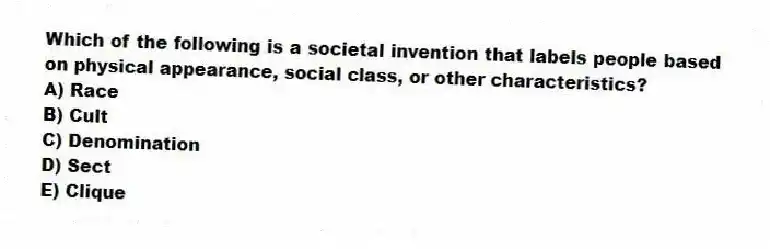 Which of the following is a societal invention that labels people based on physical appearance, social class, or other characteristics?
A) Race
B) Cult
C) Denomination
D) Sect
E) Clique