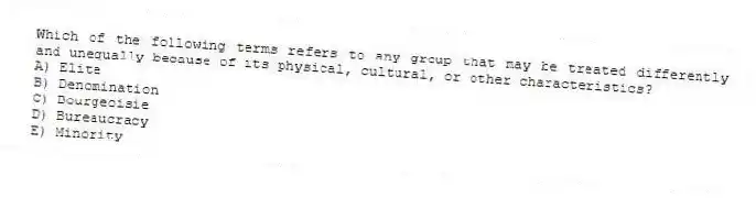 Which of the following terms refers to any group that may be treated differently and unequally because of its physical, cultural, or other characteristics?
A) Elite
B) Denomination
C) Bourgeoisie
D) Bureaucracy
E) Minority