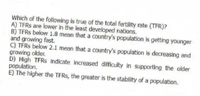 Which of the following is true of the total fertility rate (TFR)?
A) TFRs are lower in the least developed nations.
B) TFRs below 1.8 mean that a country's population is getting younger and growing fast.
C) TFRs below 2.1 mean that a country's population is decreasing and growing older.
D) High TFRs indicate increased difficulty in supporting the older population.
E) The higher the TFRs, the greater is the stability of a population.