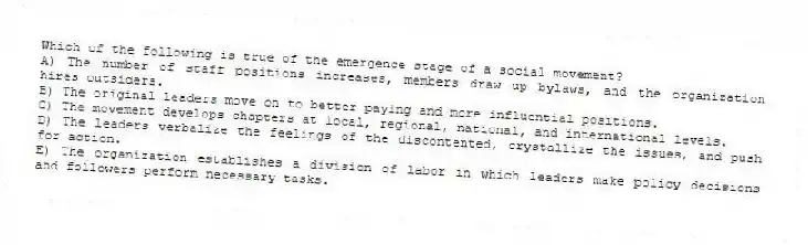 Which of the following is true of the emergence stage of a social movement?
A) The number of staff positions increases, members draw up bylaws, and the organization hires outsiders.
B) The original leaders move on to better paying and more influential positions.
C) The movement develops chapters at local, regional, national, and international levels.
D) The leaders verbalize the feelings of the discontented, crystallize the issues, and push for action.
E) The organization establishes a division of labor in which leaders make policy decisions and followers perform necessary tasks.