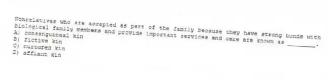 Nonrelatives who are accepted as part of the family because they have strong bonds with biological family members and provide important services and care are known as ________.
A) consanguineal kin
B) fictive kin
C) nurtured kin
D) affiant kin